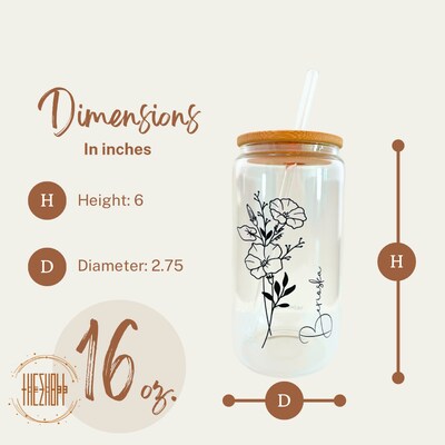 16 Oz Personalized Glass Cup With Bamboo Lid and Straw Custom Beer